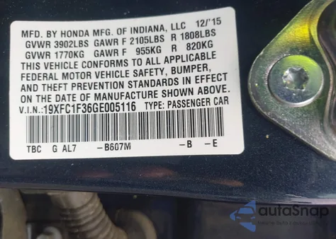 2016 Honda Civic Ex-T из США, поврежденный, VIN 19XFC1F36GE005116